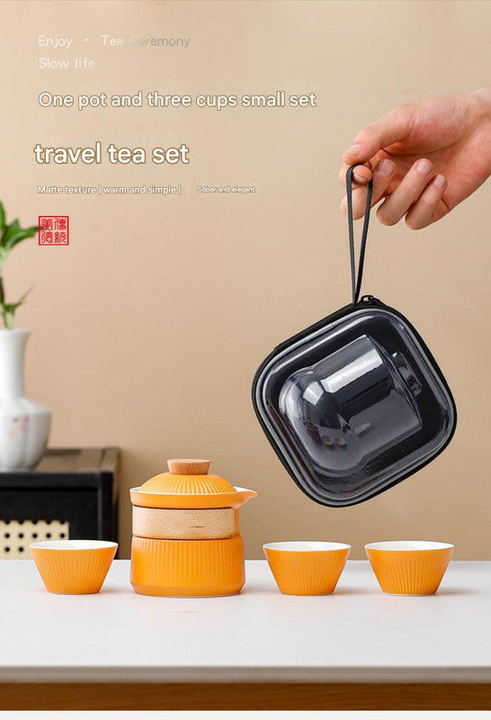 Portable Ceramic Travel Tea Set - One Pot Three Cups with Carrying Case, Elegant Frosted Finish(black)