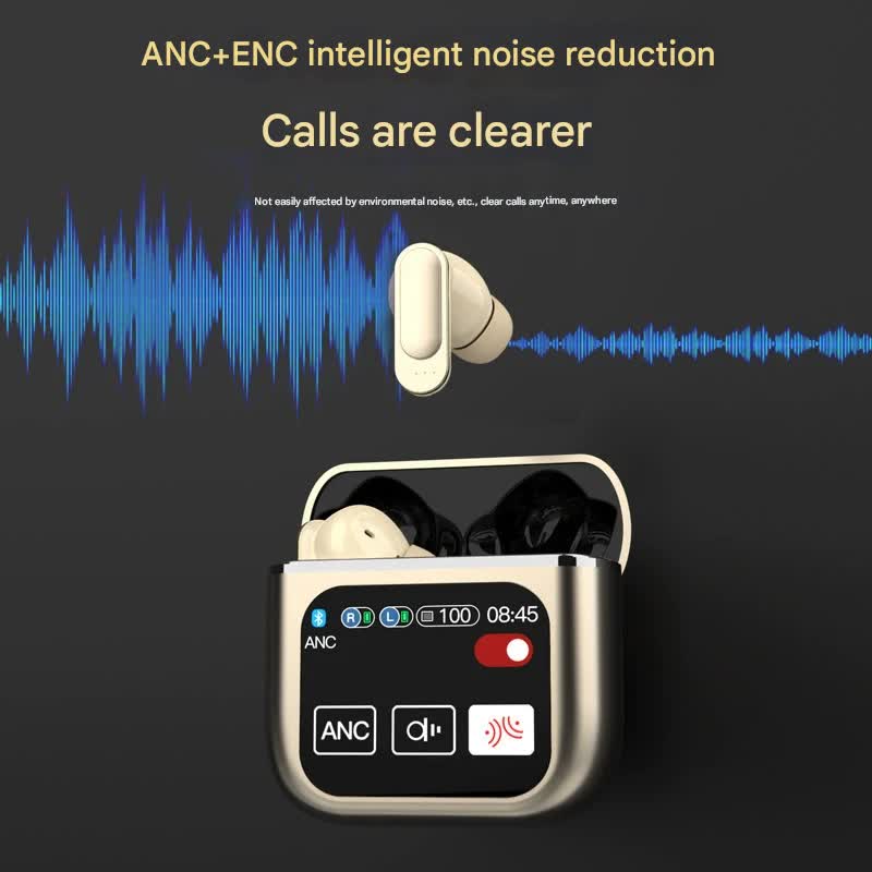 TWS Bluetooth Earbuds with 1.9 HD Touch Screen Case - ANC/ENC Noise Reduction(Black)"