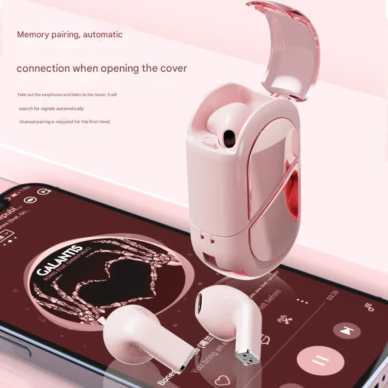 Mini True Wireless Bluetooth 5.3 Earbuds - Heart/Capsule Case, Touch Control, Auto-Connect(white)