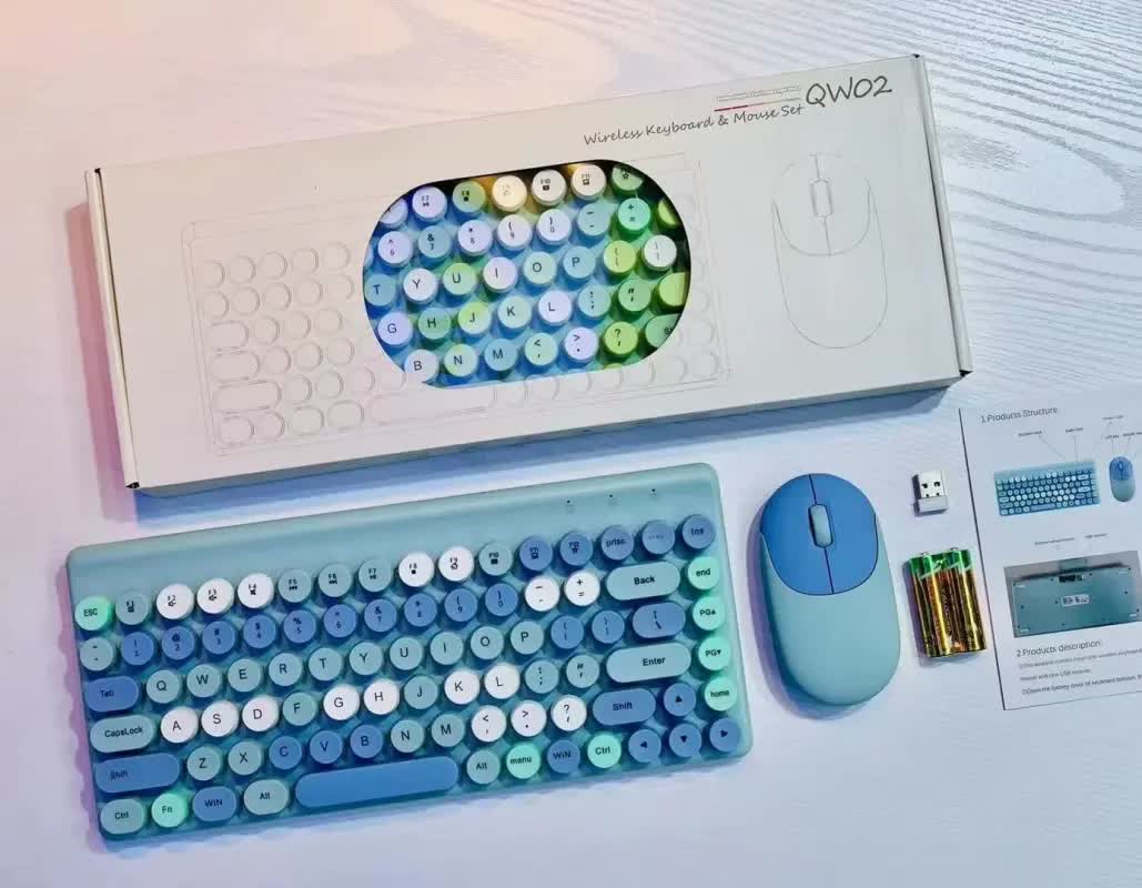 Wireless Keyboard &amp; Mouse Combo - Retro Round Keycaps, 2.4GHz Ergonomic Design(blue)