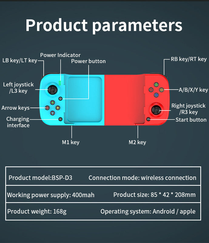 Portable Telescopic Mobile Game Controller - Bluetooth 5.0, iOS/Android/PC Compatible, 400mAh Battery(blue)
