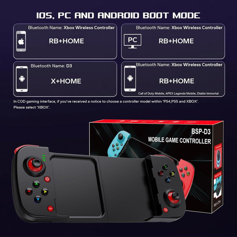 Portable Telescopic Mobile Game Controller - Bluetooth 5.0, iOS/Android/PC Compatible, 400mAh Battery(blue and red)
