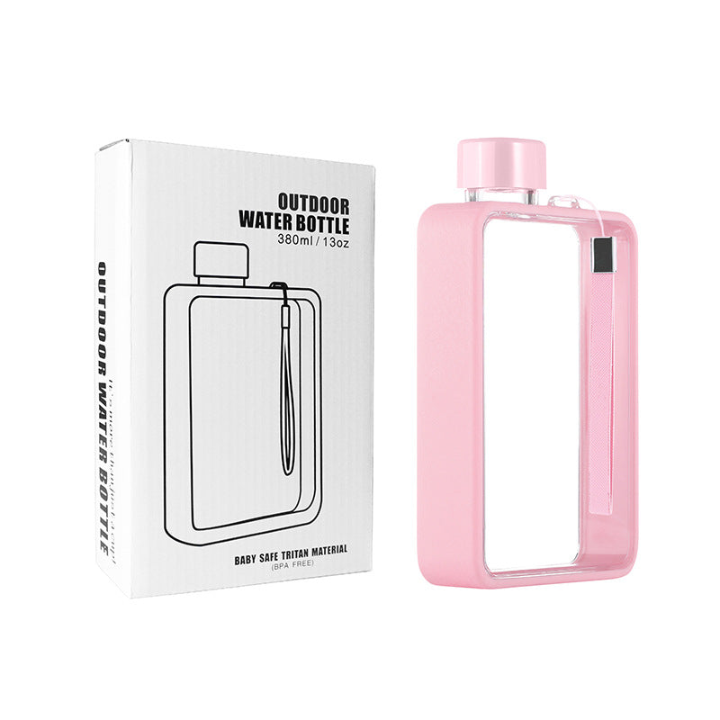 Slim Tritan Flat Water Bottle - 380ml BPA-Free, Leakproof with Leather-Textured Sleeve &amp; Strap(pink)