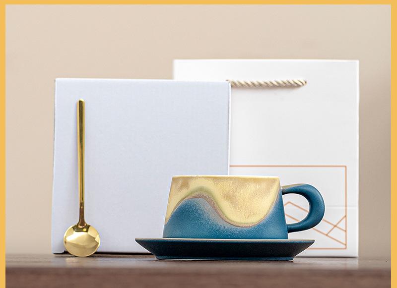 Artistic Ceramic Coffee Cup & Saucer Set with Spoon - Gradient Glaze, 240ml, Gift Boxed(Blue)