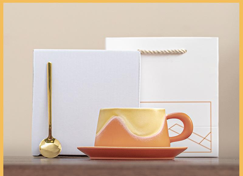 Artistic Ceramic Coffee Cup &amp; Saucer Set with Spoon - Gradient Glaze, 240ml, Gift Boxed(Orange)
