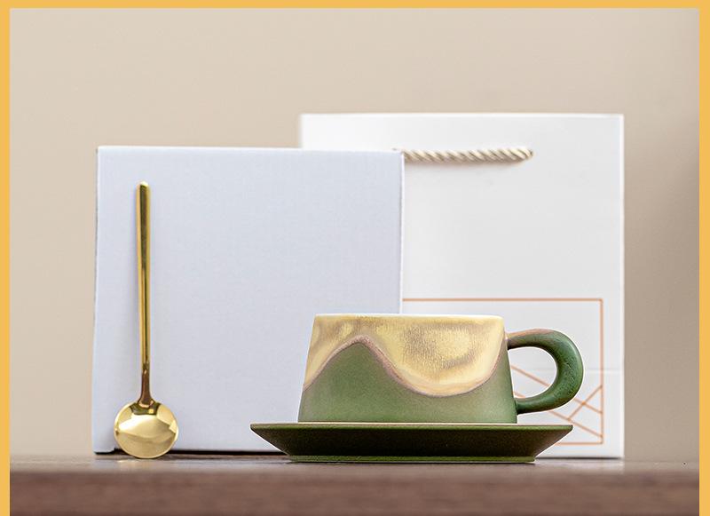 Artistic Ceramic Coffee Cup &amp; Saucer Set with Spoon - Gradient Glaze, 240ml, Gift Boxed(Green)