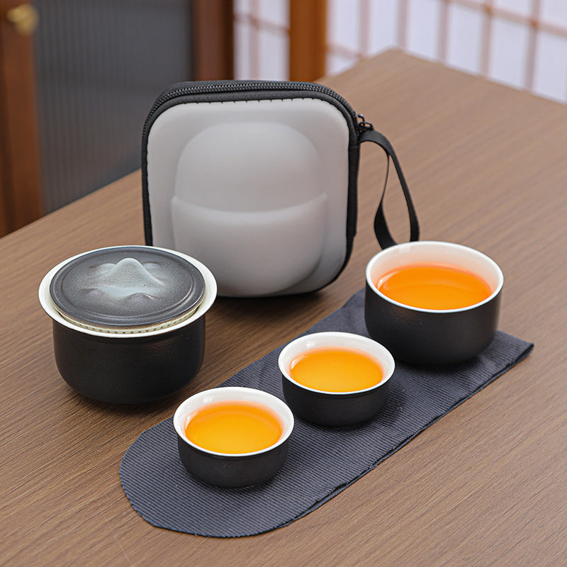 Portable Ceramic Tea Set for Travel - Quick Gaiwan with 3 Cups &amp; Carrying Case(black)