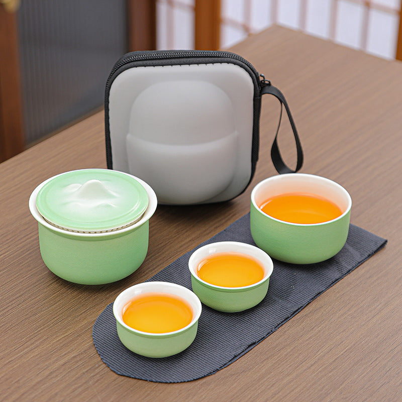 Portable Ceramic Tea Set for Travel - Quick Gaiwan with 3 Cups &amp; Carrying Case(Light green)