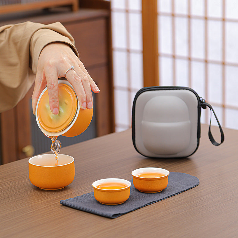 Portable Ceramic Tea Set for Travel - Quick Gaiwan with 3 Cups & Carrying Case(Light green)