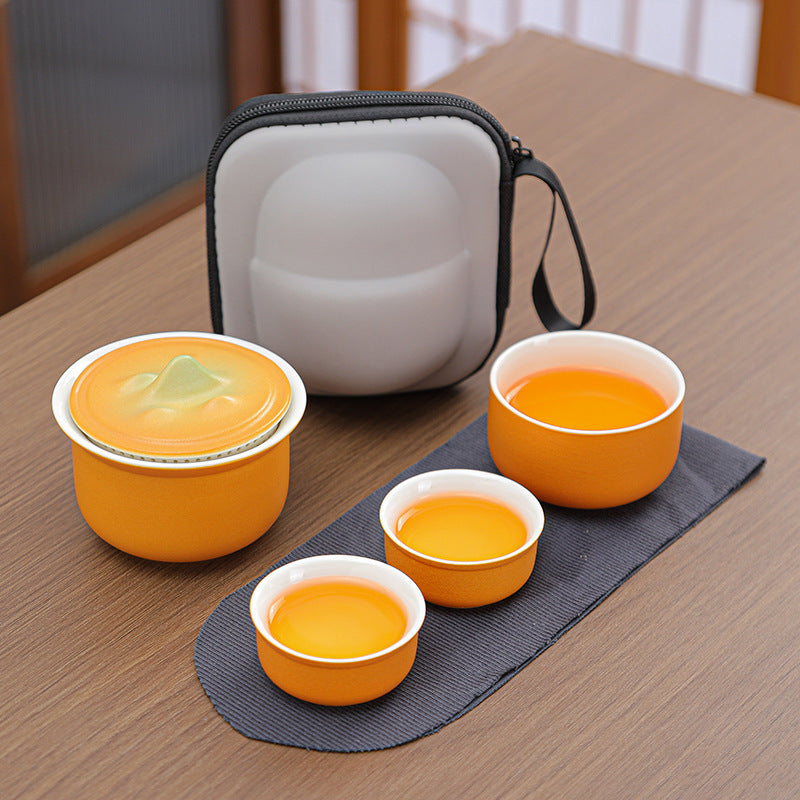 Portable Ceramic Tea Set for Travel - Quick Gaiwan with 3 Cups &amp; Carrying Case(Orange)