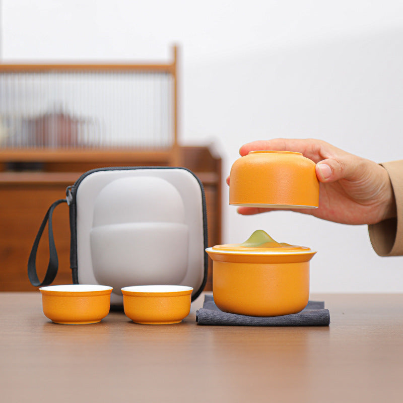 Portable Ceramic Tea Set for Travel - Quick Gaiwan with 3 Cups & Carrying Case(Yellow-green gradient)