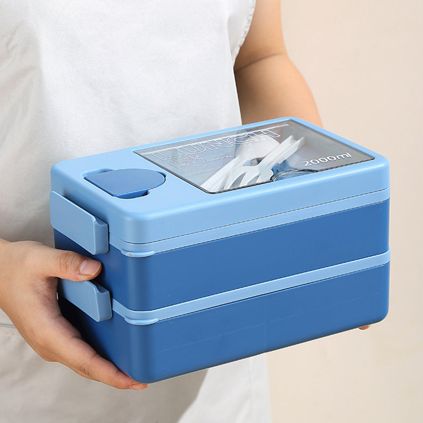 2L Double-Layer Bento Lunch Box - Leak-Proof with Utensil & Sauce Container(Orange Blue)