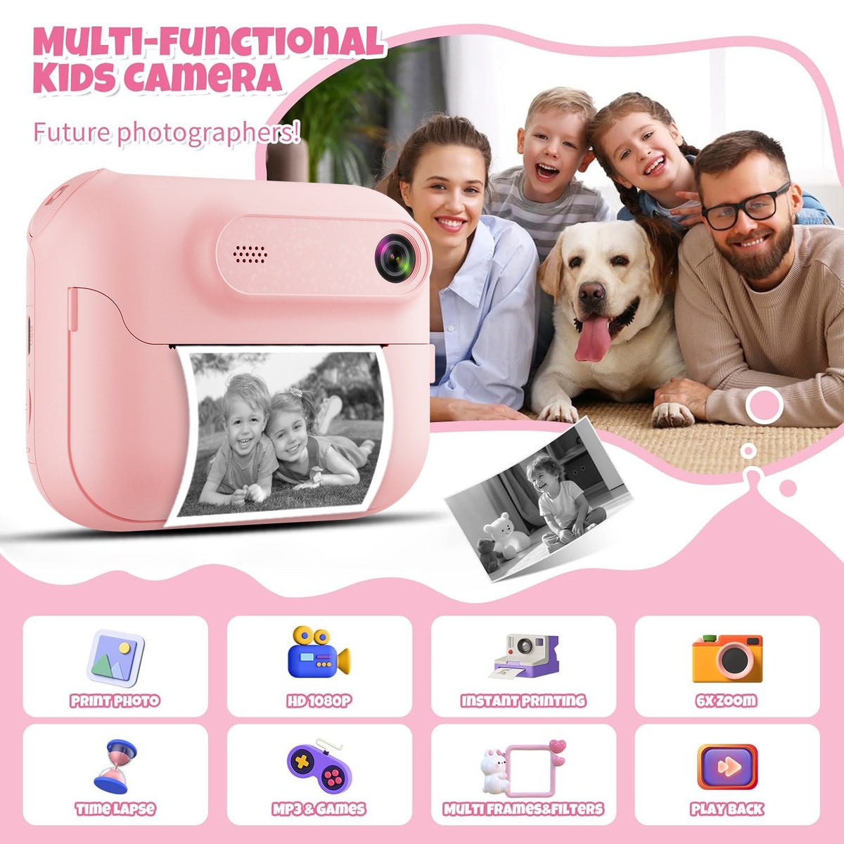 Kids Multi-Functional Camera Toy - Instant B&W Printing & Creative Stickers(purple)