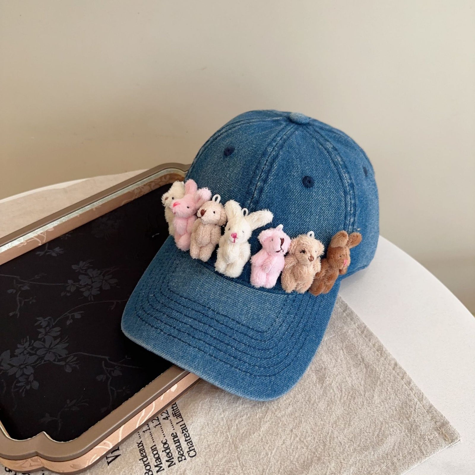 Whimsical Plush Bunny Row Denim Baseball Cap - Adjustable, Sun Protection, Breathable Comfort(Dark Blue)