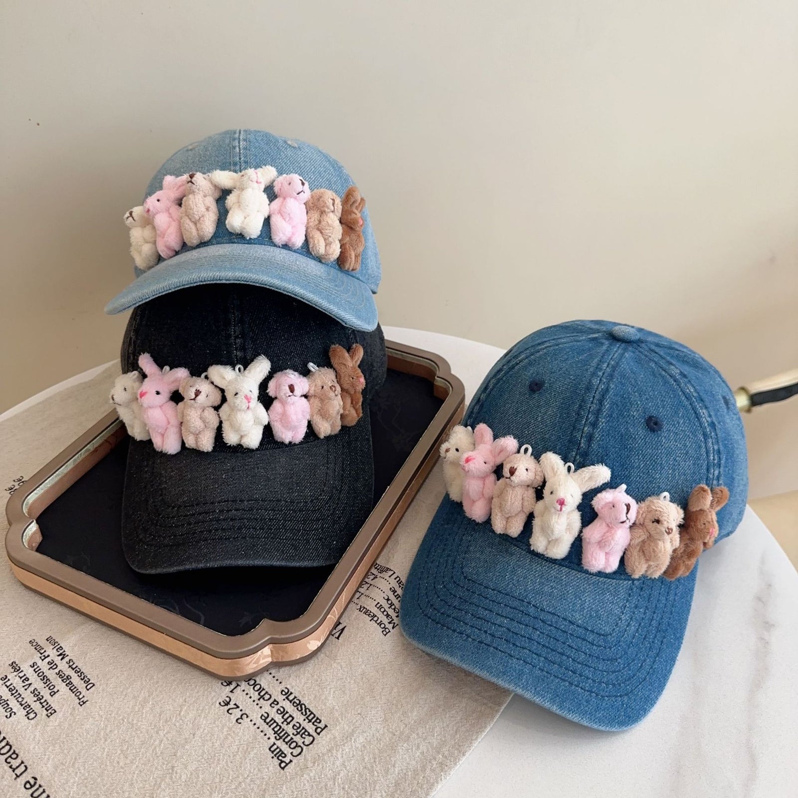 Whimsical Plush Bunny Row Denim Baseball Cap - Adjustable, Sun Protection, Breathable Comfort(Dark Blue)