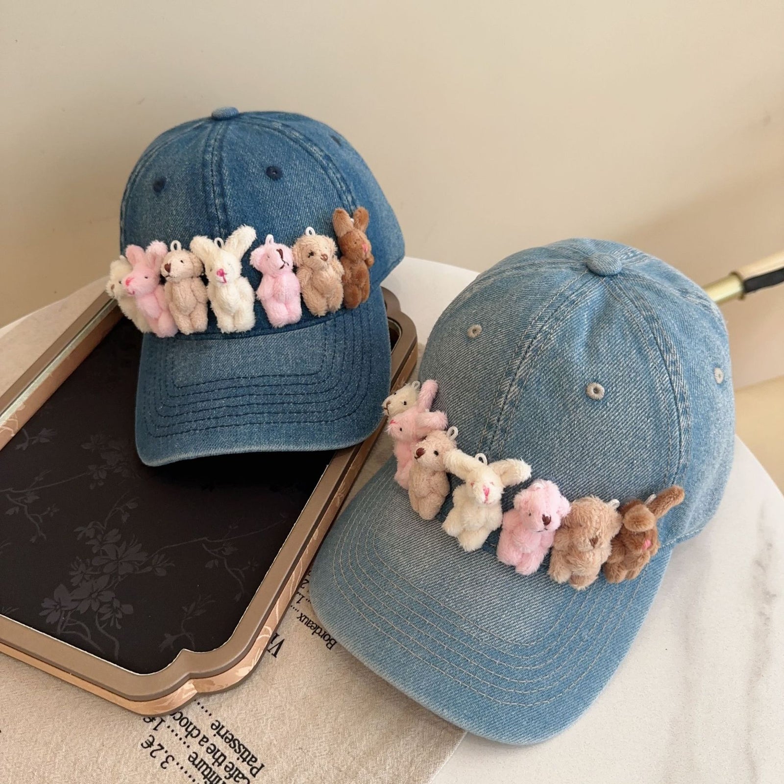 Whimsical Plush Bunny Row Denim Baseball Cap - Adjustable, Sun Protection, Breathable Comfort(Black)