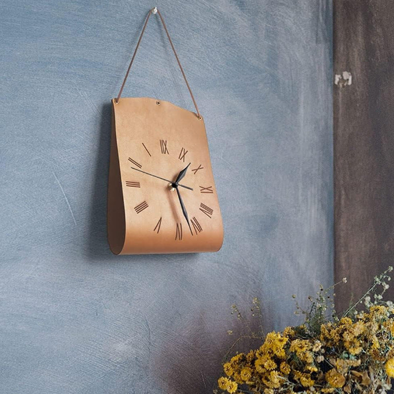 Retro PU Leather Hanging Wall Clock - Silent Sweep Movement, Roman Numerals, Decorative Handbag Style(Dark Brown)