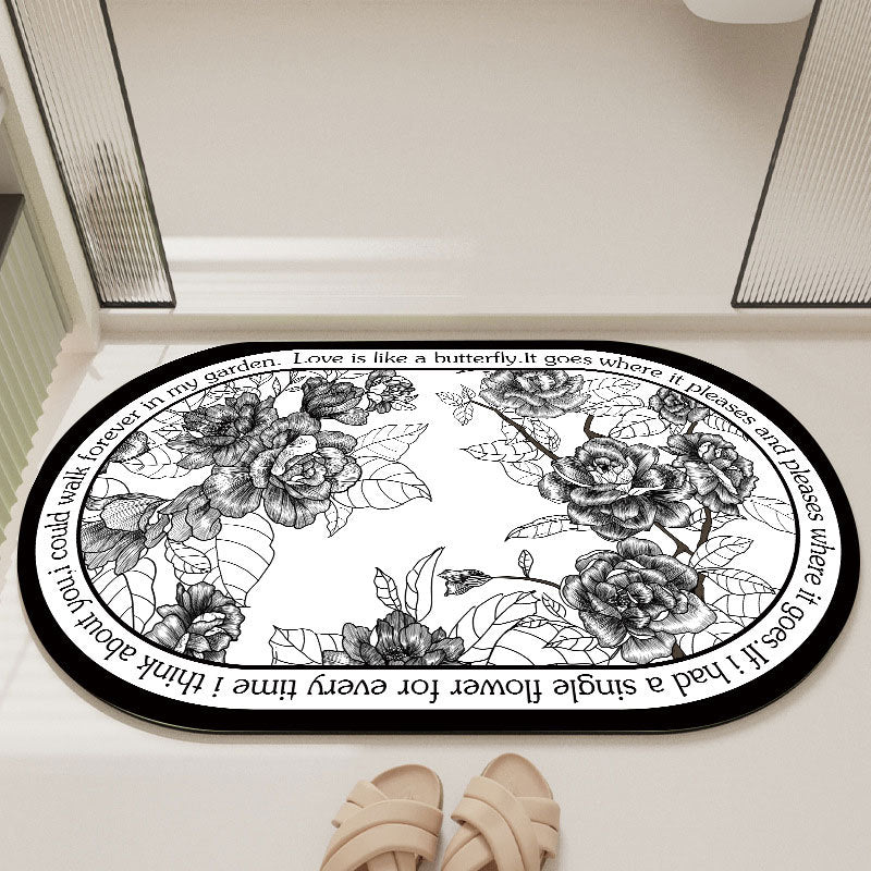 Elegant Floral Print Absorbent Floor Mat - Quick Dry, Non-Slip, Easy Clean Bathroom &amp; Entryway Rug(Black and White)