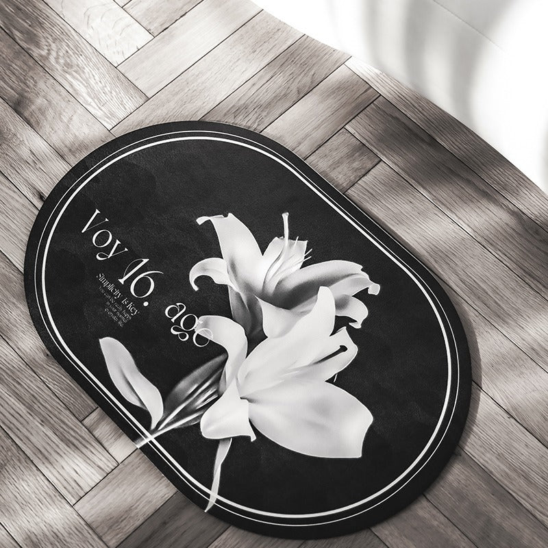 Elegant Floral Print Absorbent Floor Mat - Quick Dry, Non-Slip, Easy Clean Bathroom &amp; Entryway Rug(White flowers on black background)