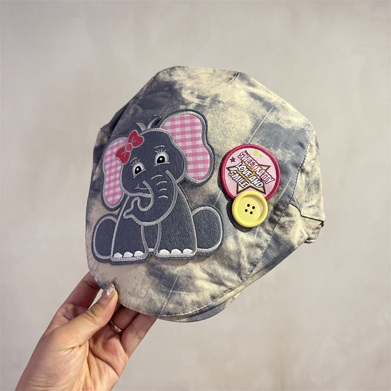Cute Elephant Applique Beret Hat - Soft Fabric, Adjustable Fit, Retro Newsboy Cap(blue)