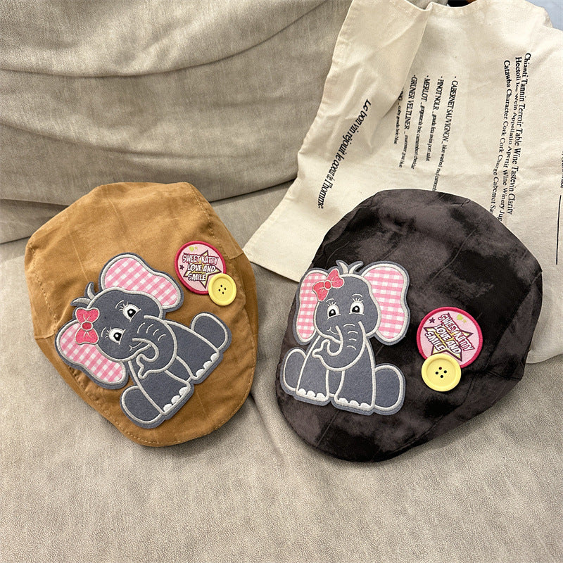Cute Elephant Applique Beret Hat - Soft Fabric, Adjustable Fit, Retro Newsboy Cap(blue)