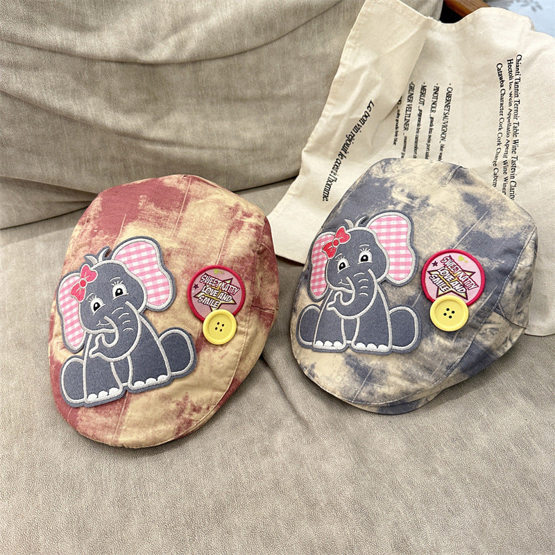 Cute Elephant Applique Beret Hat - Soft Fabric, Adjustable Fit, Retro Newsboy Cap(red)