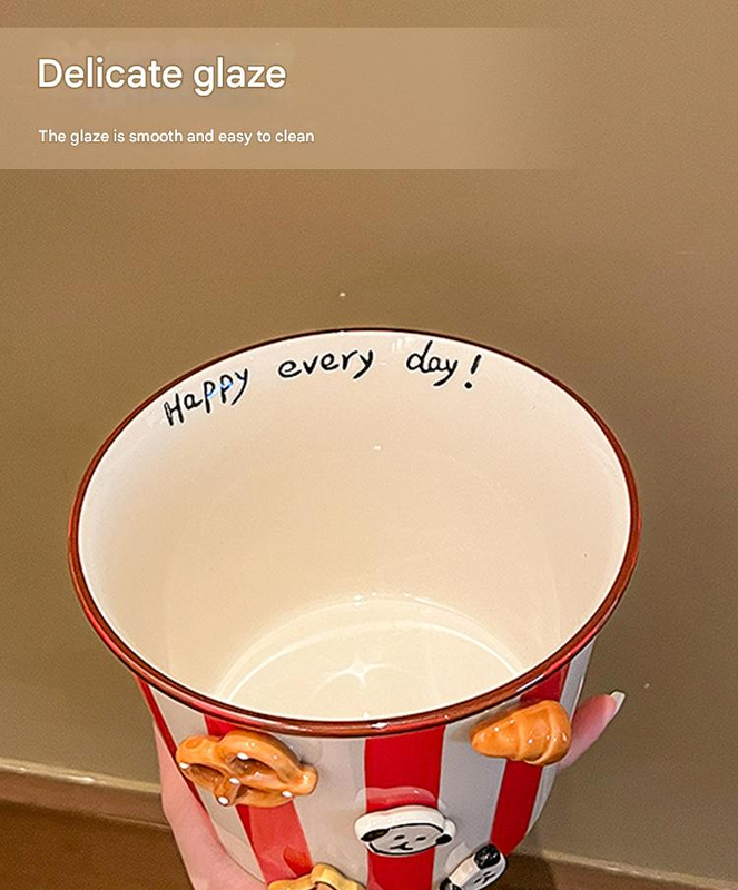 Charming Striped Ceramic Instant Noodle Bowl with 3D Accents & Happy every day!" Message(red)"