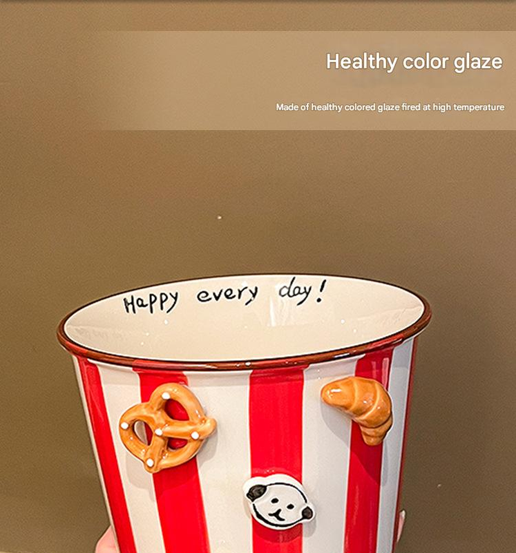 Charming Striped Ceramic Instant Noodle Bowl with 3D Accents & Happy every day!" Message(red)"