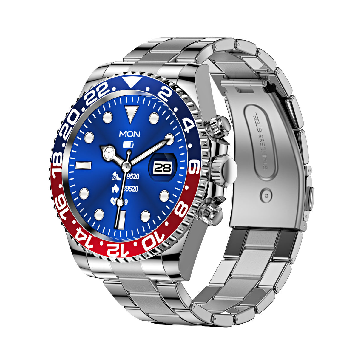 Classic Stainless Steel Smartwatch with Rotating Timer Bezel, Bluetooth Calling &amp; Luminous Display(blue and red)