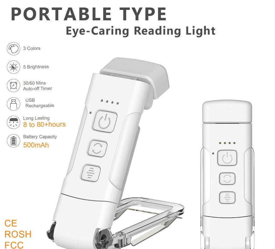 Portable Clip-On LED Reading Light - USB Rechargeable, 3 Color Modes &amp; 5 Brightness Levels(white)