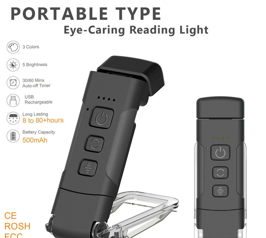 Portable Clip-On LED Reading Light - USB Rechargeable, 3 Color Modes &amp; 5 Brightness Levels(black)