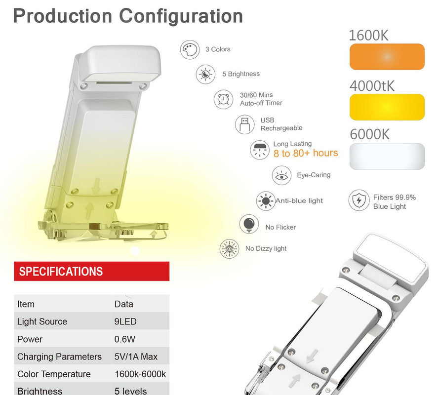 Portable Clip-On LED Reading Light - USB Rechargeable, 3 Color Modes & 5 Brightness Levels(black)