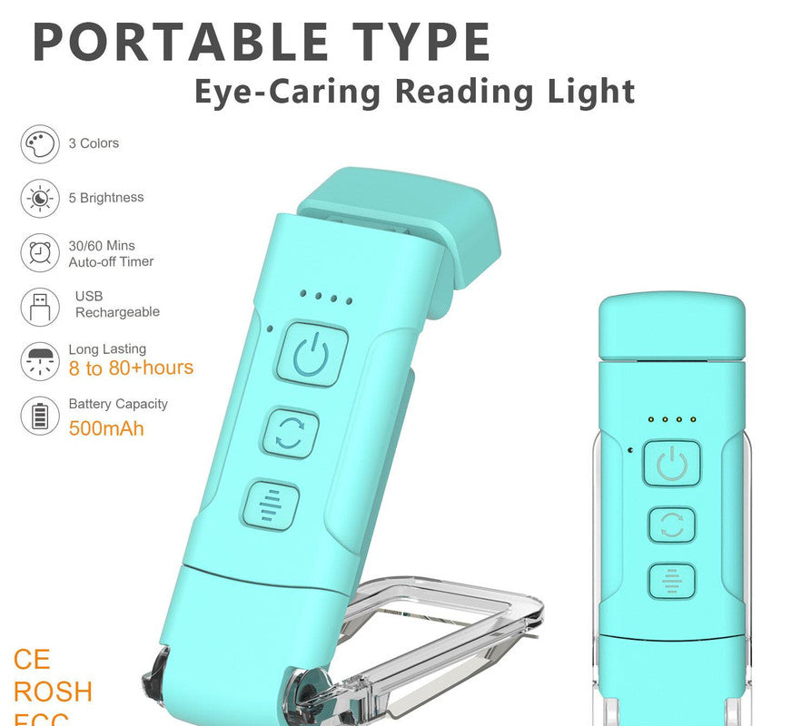 Portable Clip-On LED Reading Light - USB Rechargeable, 3 Color Modes &amp; 5 Brightness Levels(Lake Blue)
