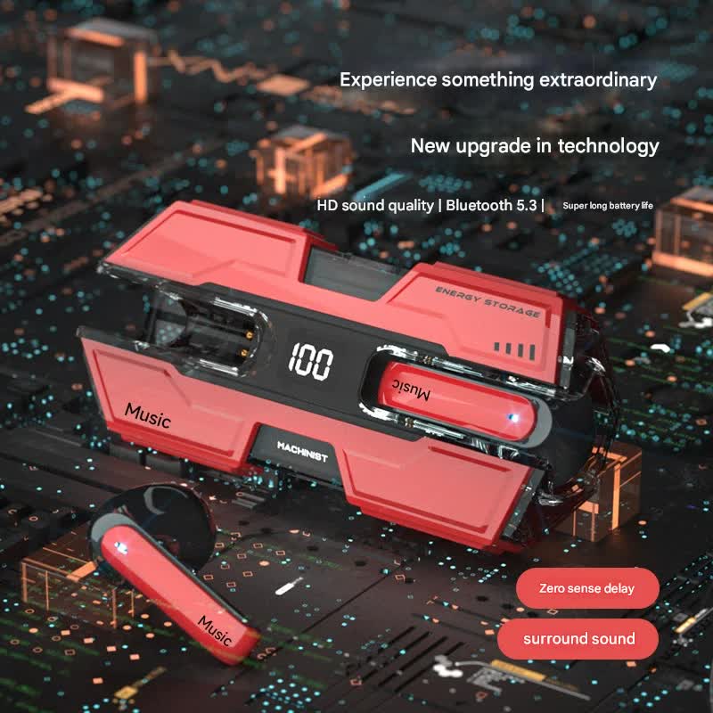 Futuristic TWS Gaming Earbuds - Bluetooth 5.3, Low Latency, HIFI Surround Sound, LED Display(red)