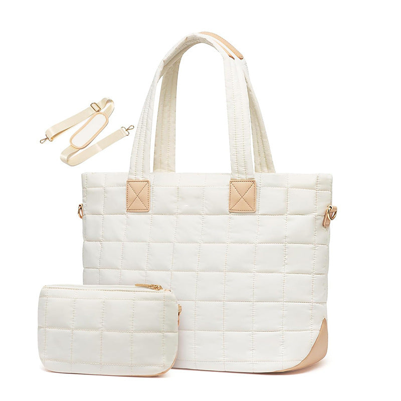 Lightweight Quilted Tote Bag for Women - Fits 15.6 Laptop Water-Resistant with Clutch & Luggage Strap(White)"
