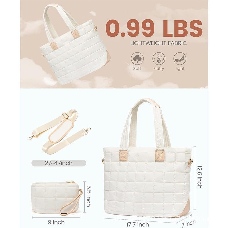 Lightweight Quilted Tote Bag for Women - Fits 15.6 Laptop Water-Resistant with Clutch & Luggage Strap(White)"