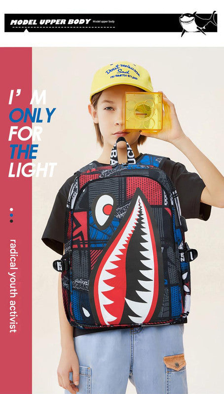 Trendsetter Shark Mouth Print Backpack - Lightweight & Breathable School Bag(Laser Blue)