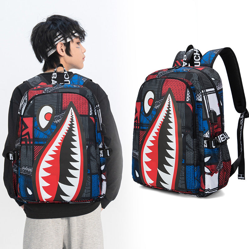 Trendsetter Shark Mouth Print Backpack - Lightweight & Breathable School Bag(Laser red)