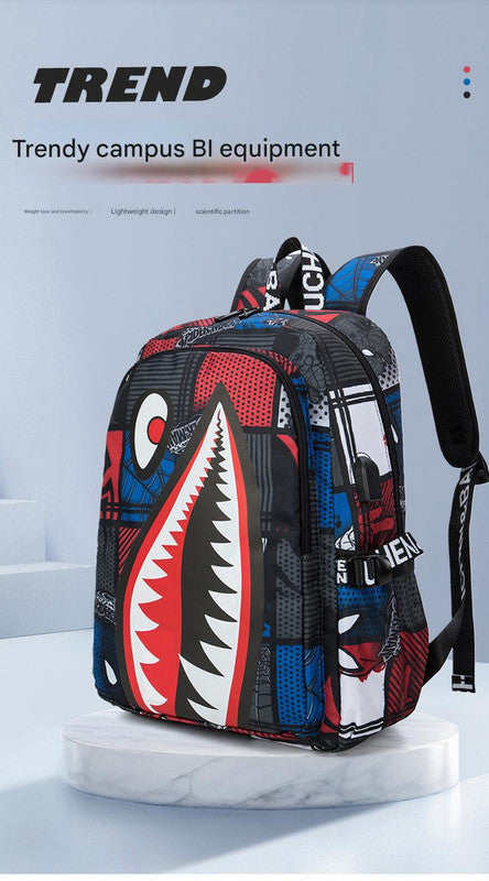 Trendsetter Shark Mouth Print Backpack - Lightweight & Breathable School Bag(Blue lightning)