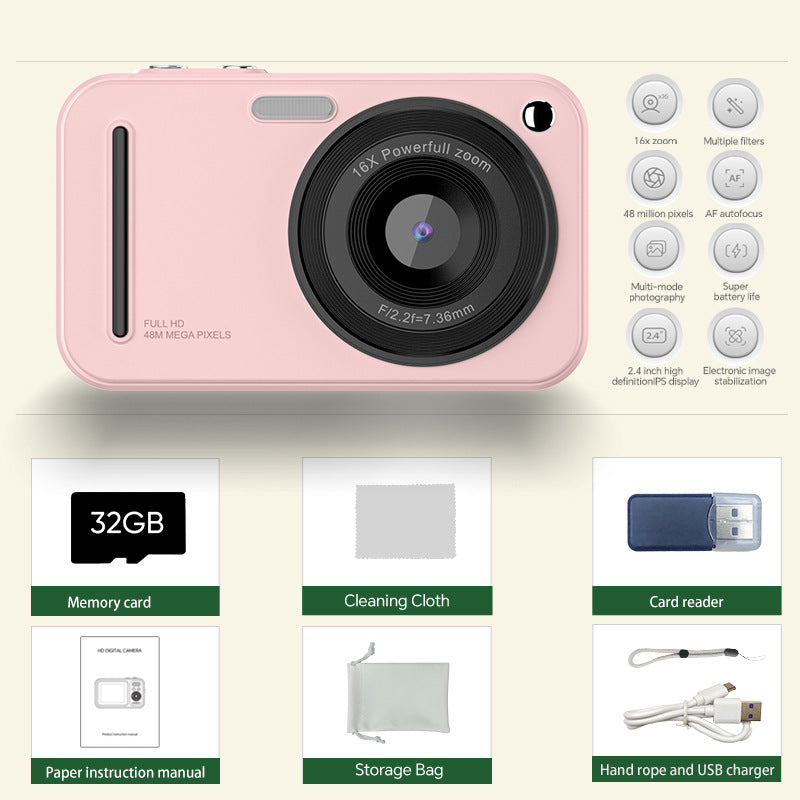 48MP Digital Camera with 16x Zoom &amp; AF Autofocus - Full HD Vlogging Camera for Beginners &amp; Kids(Pink)