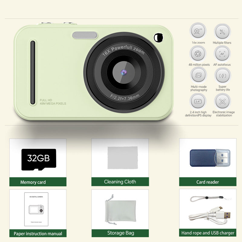 48MP Digital Camera with 16x Zoom &amp; AF Autofocus - Full HD Vlogging Camera for Beginners &amp; Kids(Green)