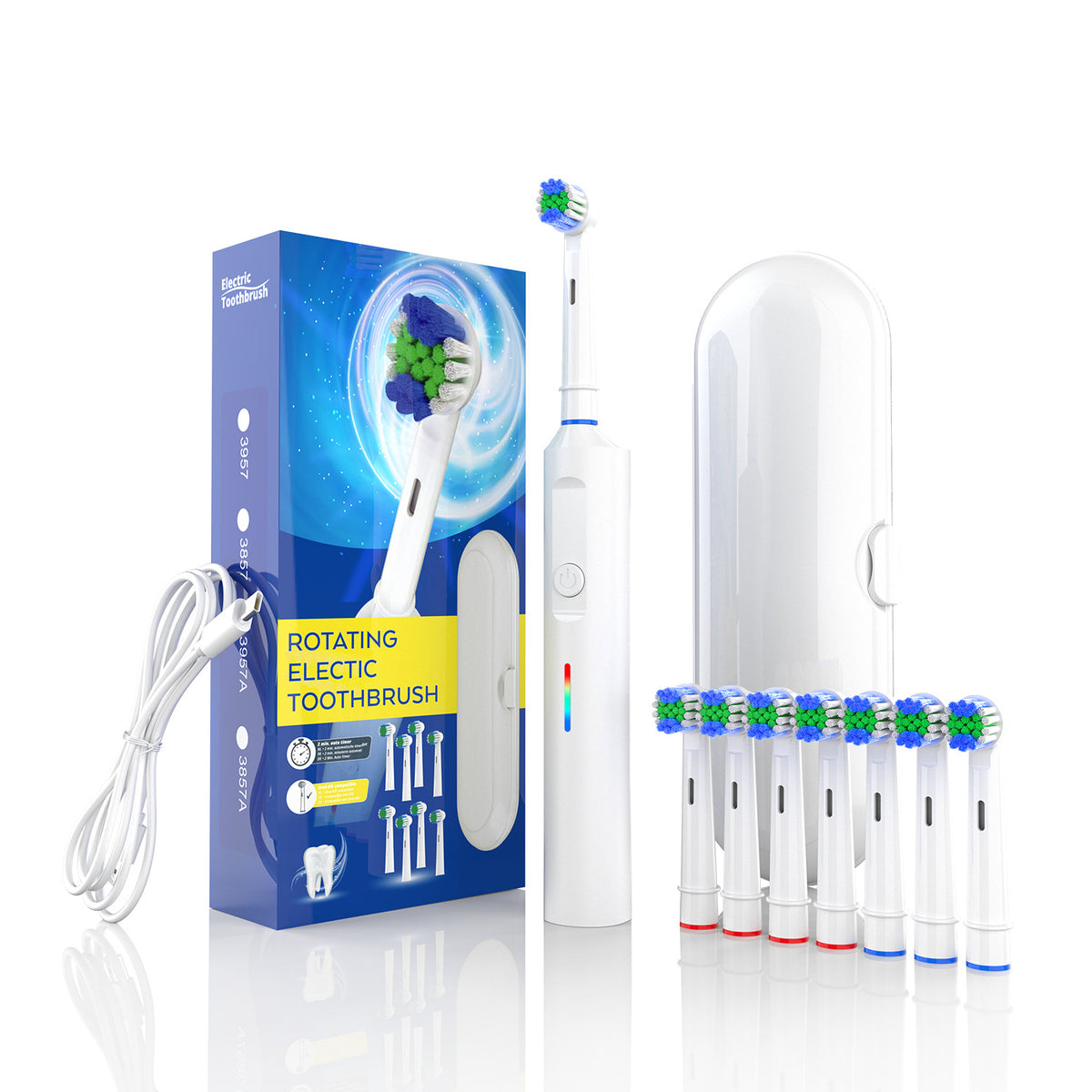 Rotating Electric Toothbrush with 3D Cleaning Action - 3 Modes, IPX7 Waterproof, with Travel Case &amp; 6 Brush Heads(White)