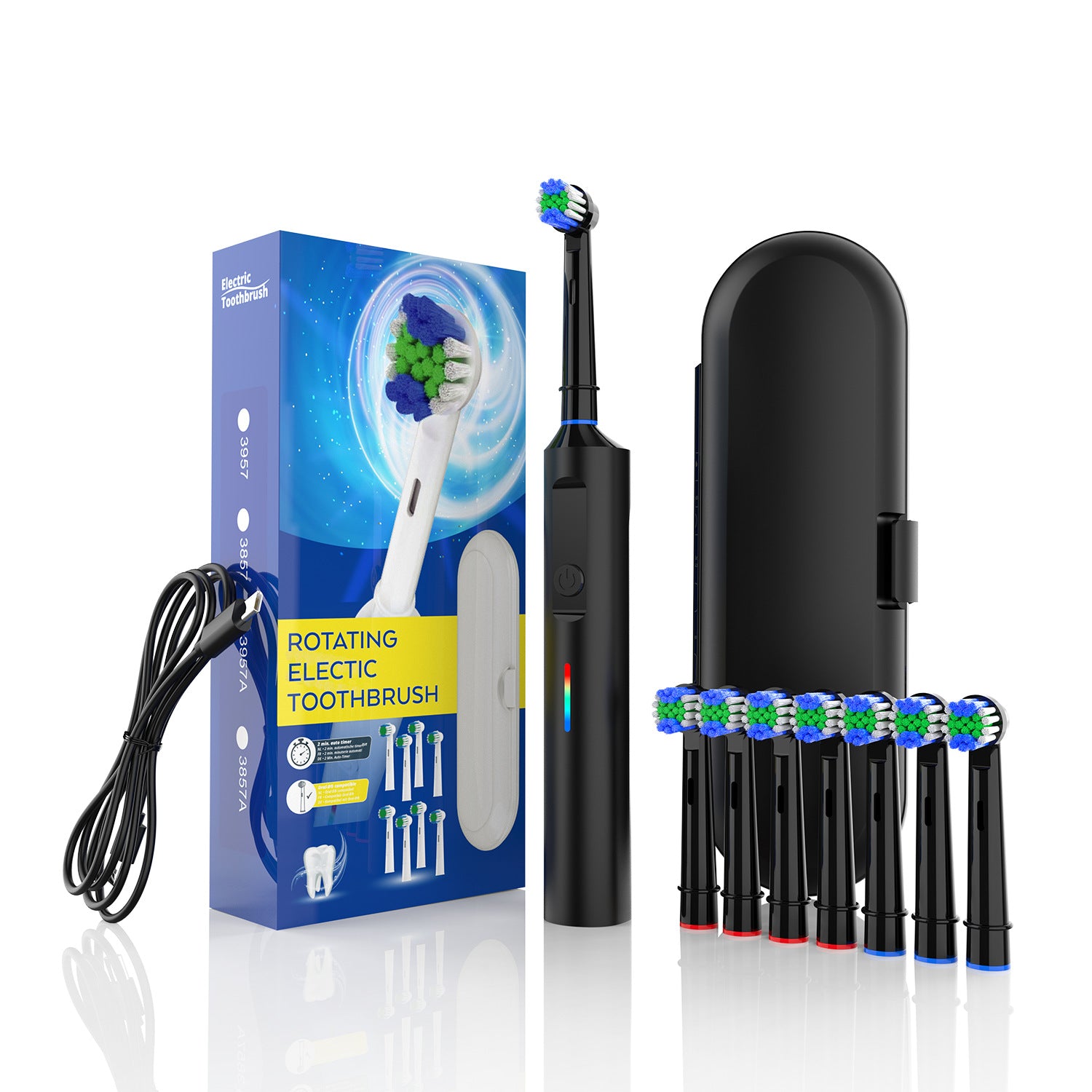 Rotating Electric Toothbrush with 3D Cleaning Action - 3 Modes, IPX7 Waterproof, with Travel Case & 6 Brush Heads(black)