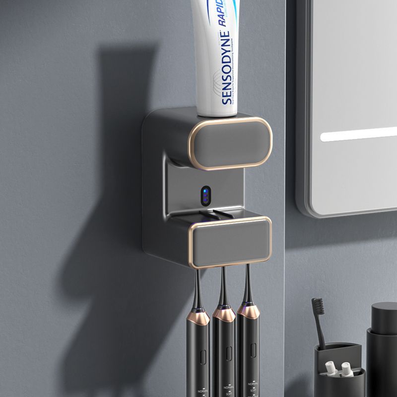 Automatic Toothpaste Dispenser with UVC Toothbrush Sterilizer &amp; Holder - Wall Mounted, Rechargeable(Grey)