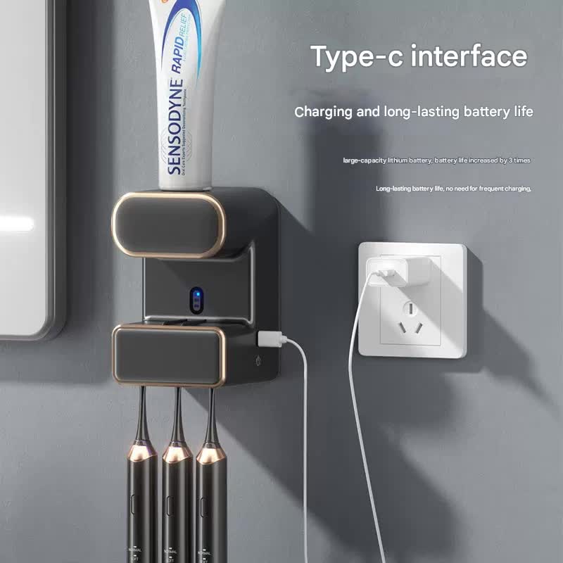 Automatic Toothpaste Dispenser with UVC Toothbrush Sterilizer & Holder - Wall Mounted, Rechargeable(Grey)