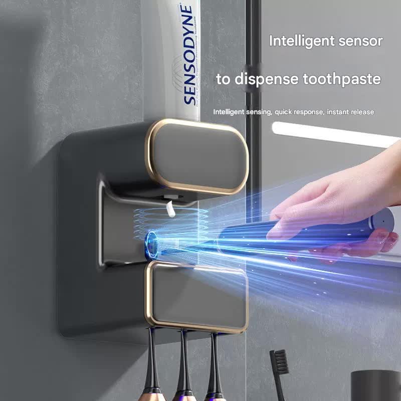 Automatic Toothpaste Dispenser with UVC Toothbrush Sterilizer & Holder - Wall Mounted, Rechargeable(Grey)