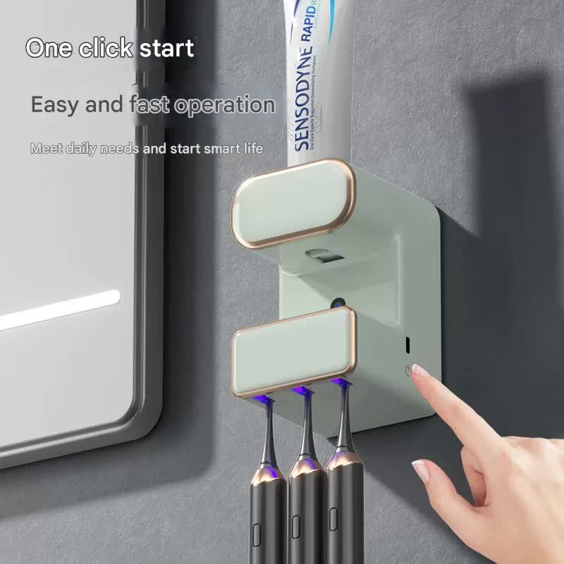 Automatic Toothpaste Dispenser with UVC Toothbrush Sterilizer & Holder - Wall Mounted, Rechargeable(Grey)