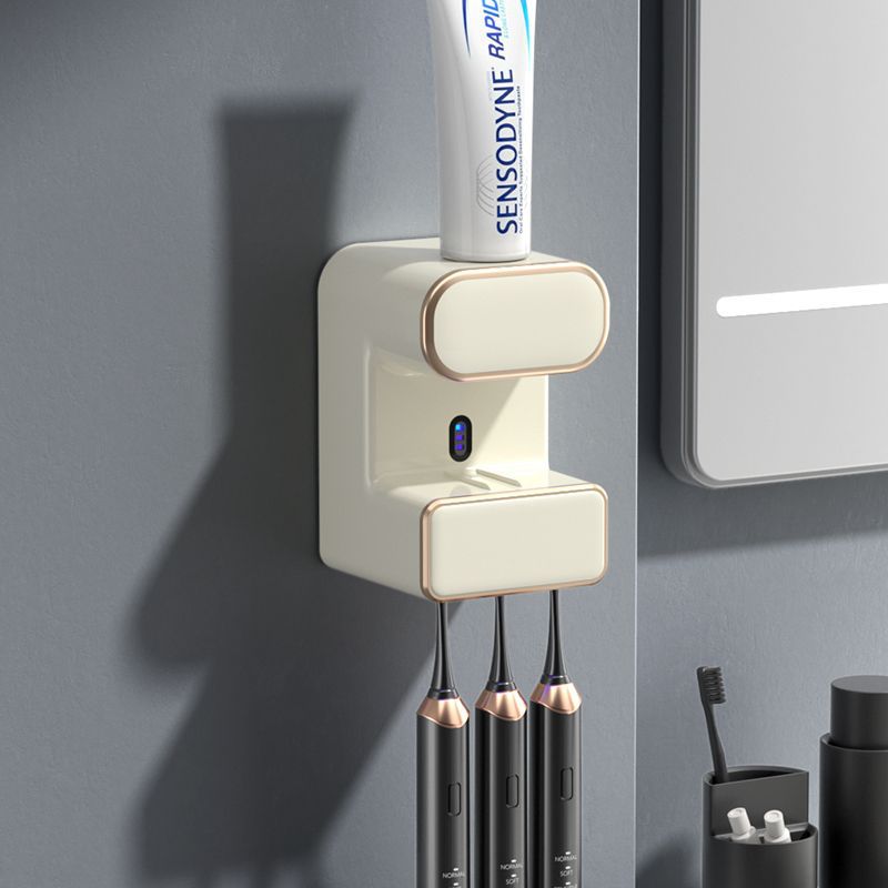 Automatic Toothpaste Dispenser with UVC Toothbrush Sterilizer &amp; Holder - Wall Mounted, Rechargeable(Beige)