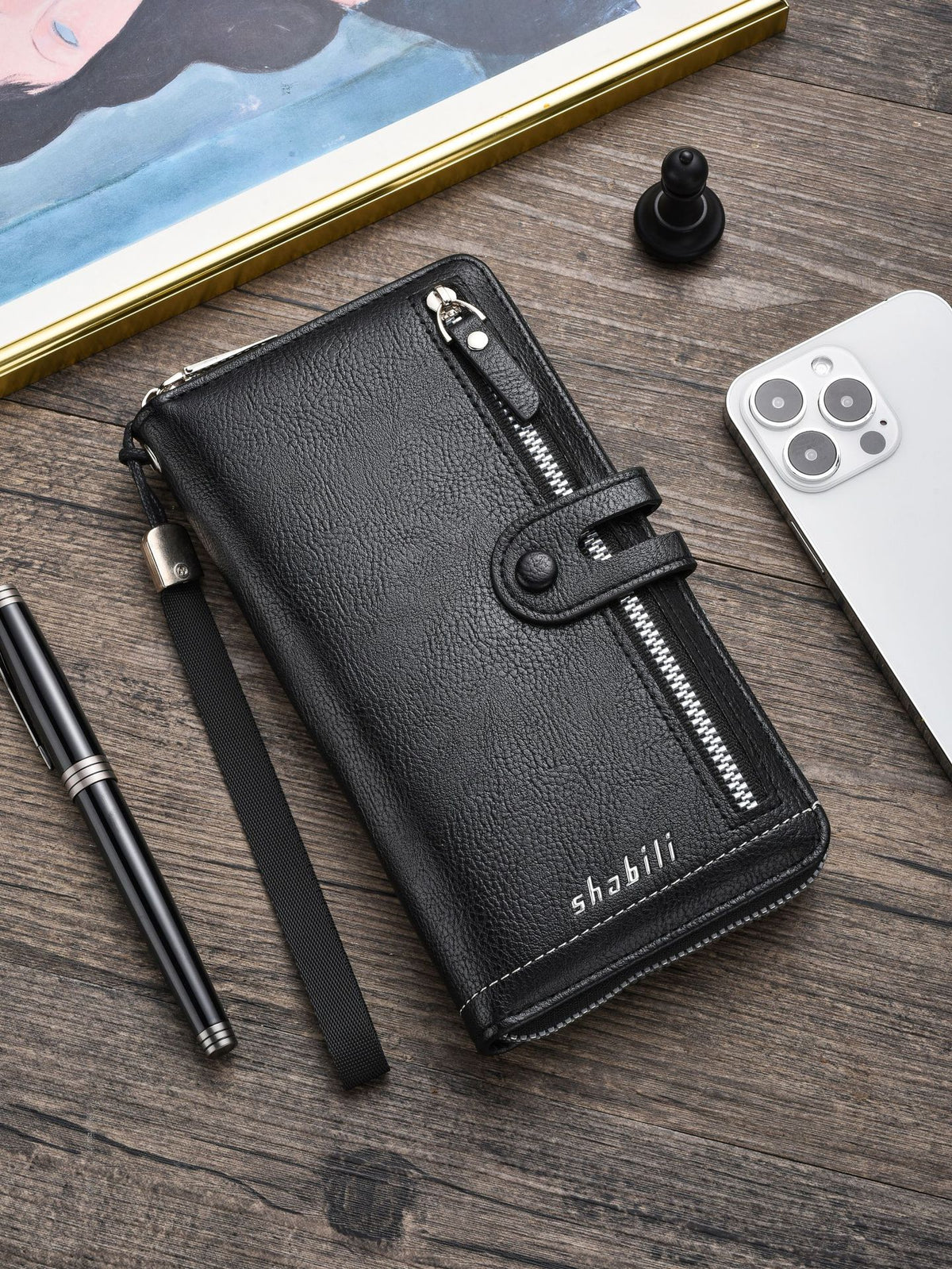 Two pieces High-Capacity PU Leather Clutch Wallet - Unisex Design with Wrist Strap, Zipper &amp; Multiple Card Slots(black)