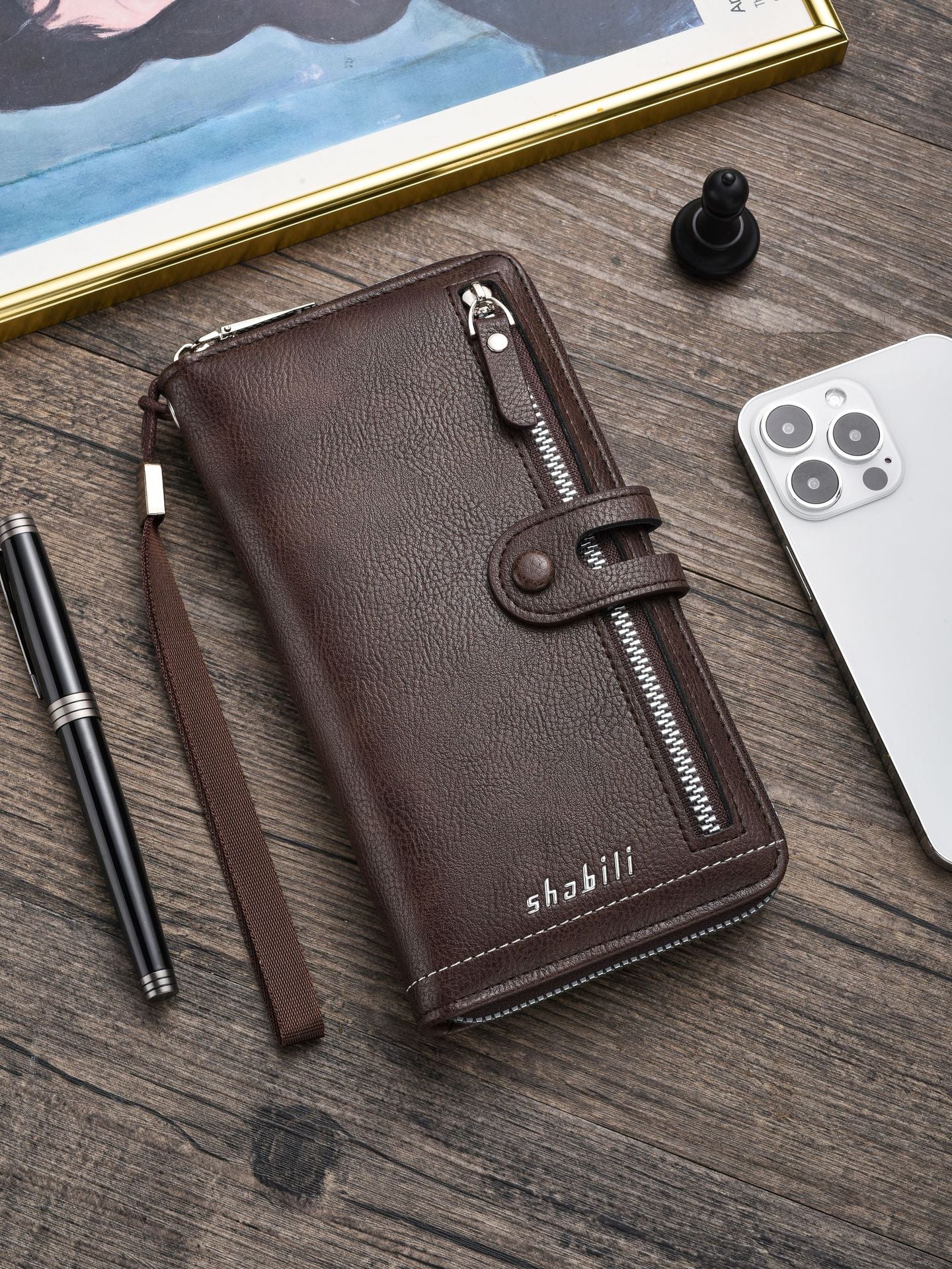 Two pieces High-Capacity PU Leather Clutch Wallet - Unisex Design with Wrist Strap, Zipper & Multiple Card Slots(Dark brown)